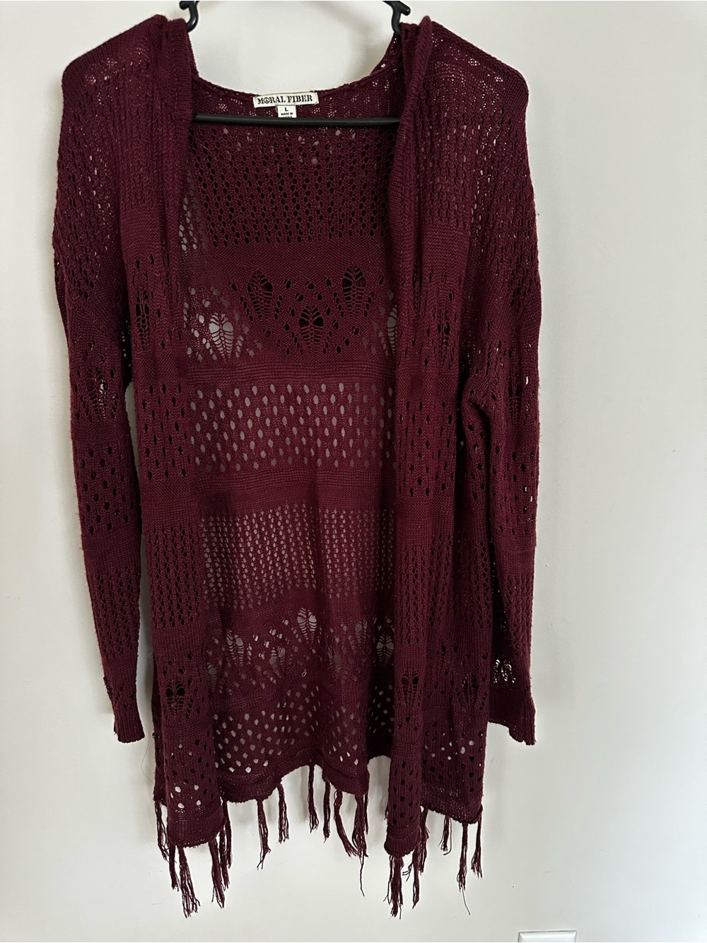 Moral Fiber Women's Open-Knit Fringe Cardigan - Burgundy